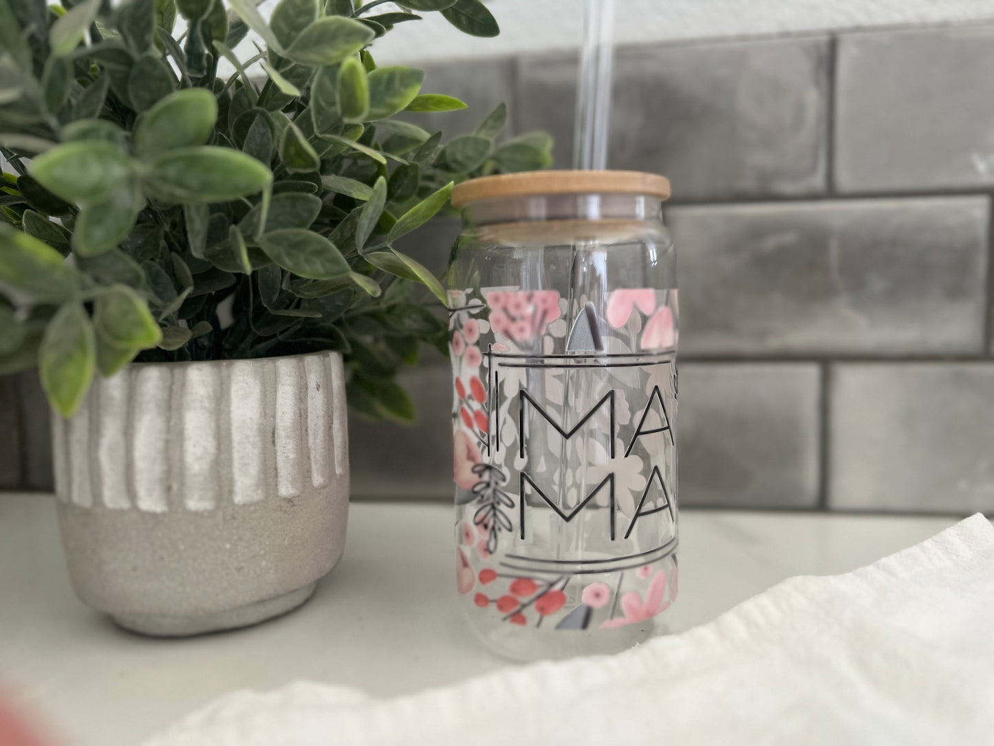 Soda Can Glass Tumbler-16oz w/bamboo lid and glass straw