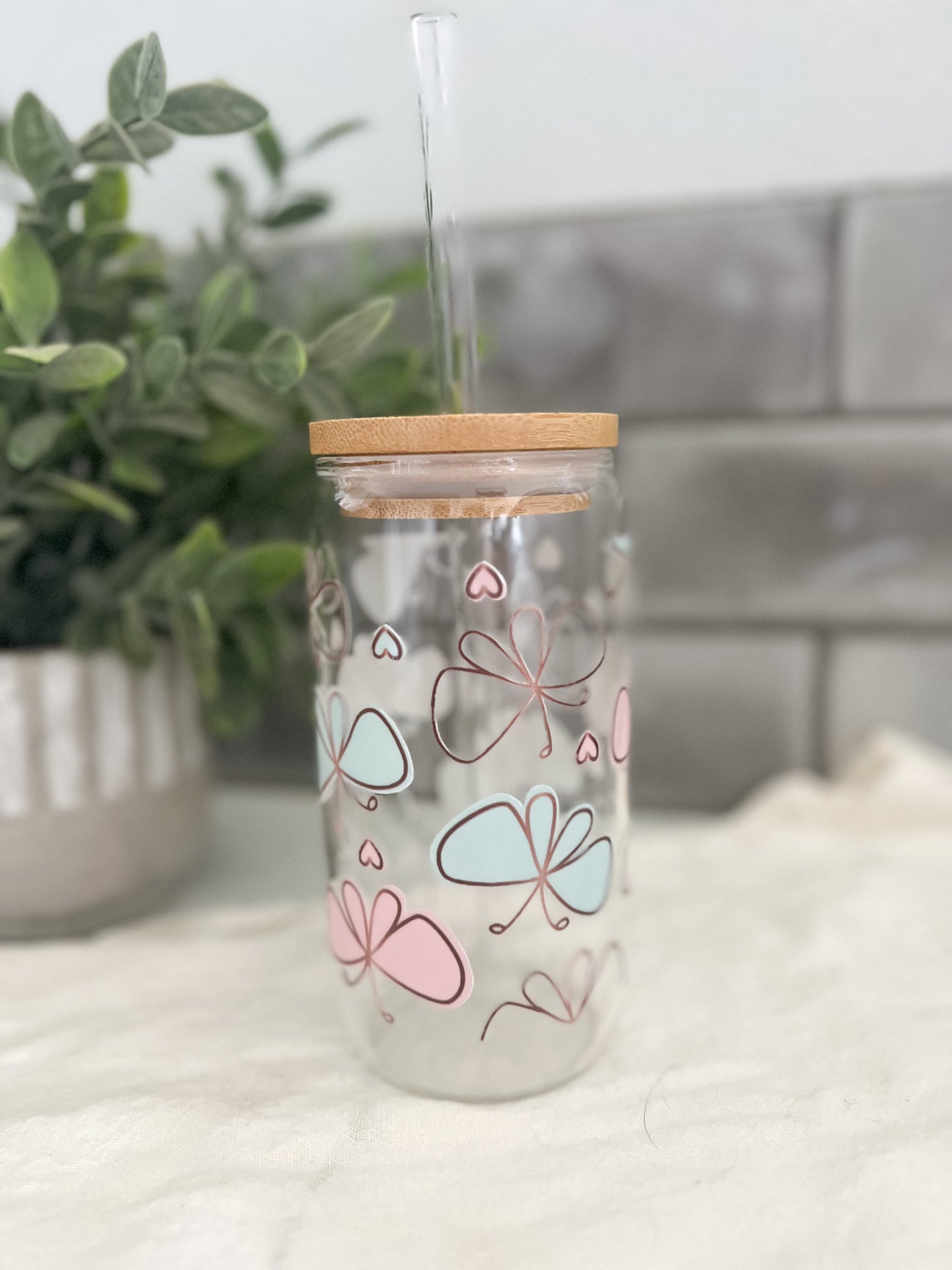 Soda Can Glass Tumbler-16oz w/bamboo lid and glass straw