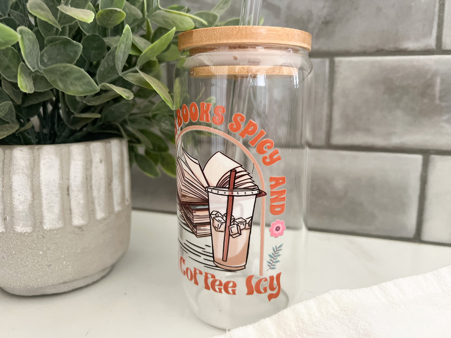 Soda Can Glass Tumbler-16oz w/bamboo lid and glass straw