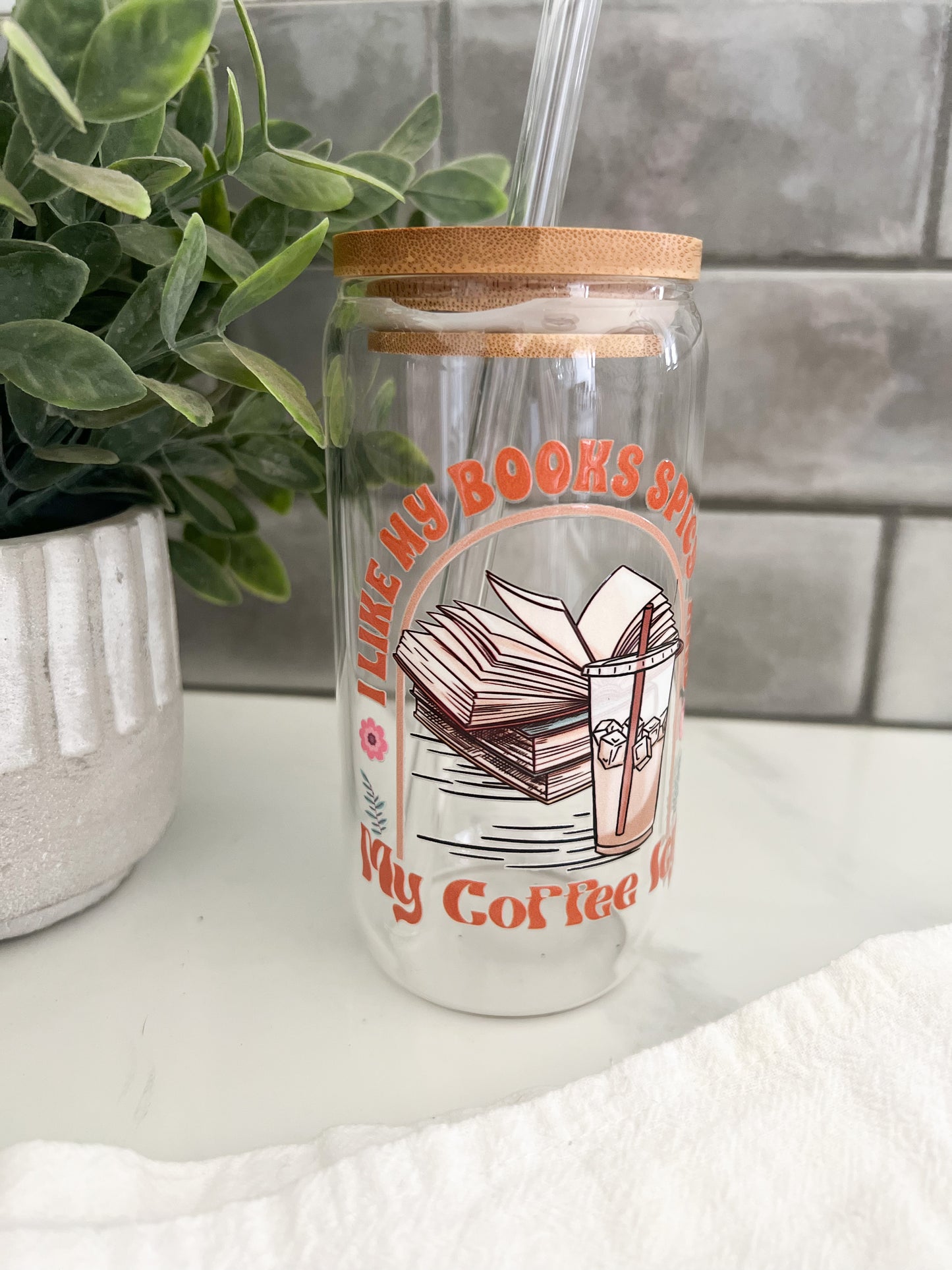 Soda Can Glass Tumbler-16oz w/bamboo lid and glass straw