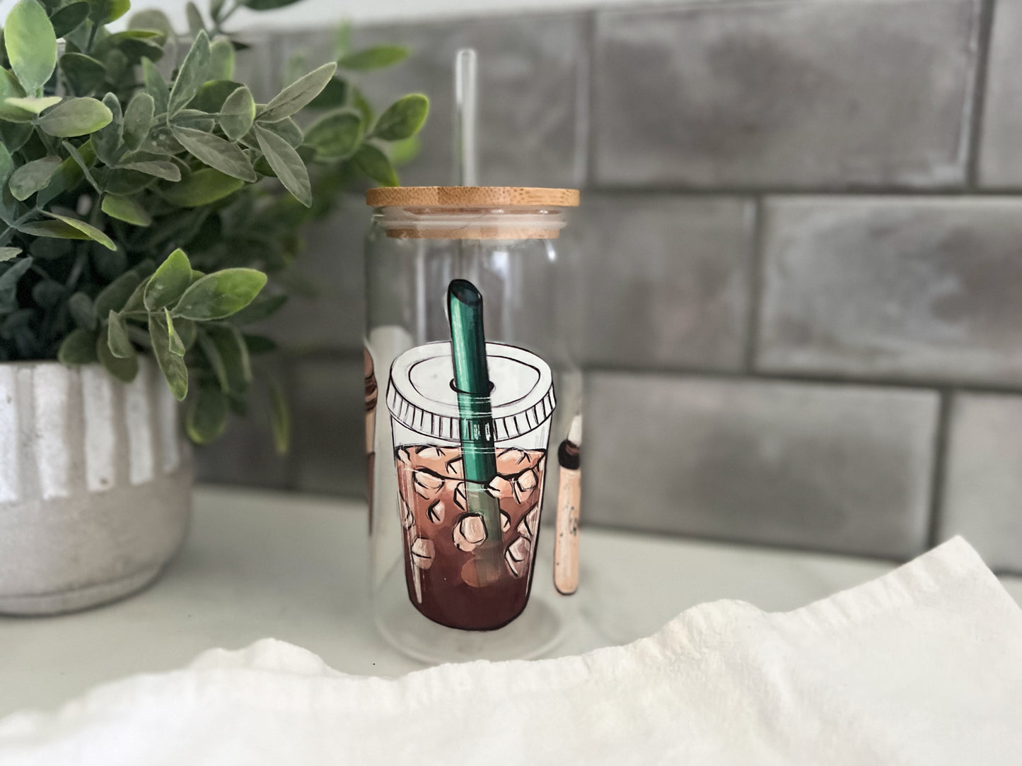 Soda Can Glass Tumbler-16oz w/bamboo lid and glass straw