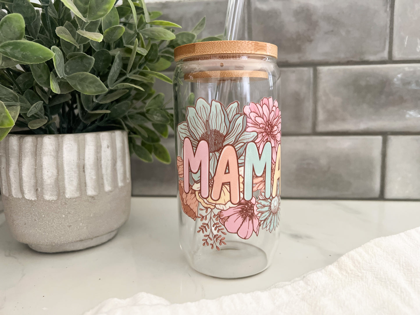 Soda Can Glass Tumbler-16oz w/bamboo lid and glass straw