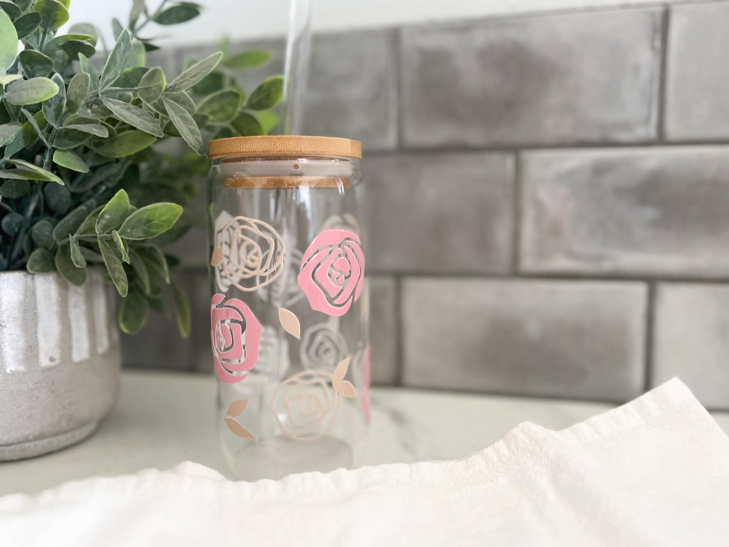 Soda Can Glass Tumbler-16oz w/bamboo lid and glass straw