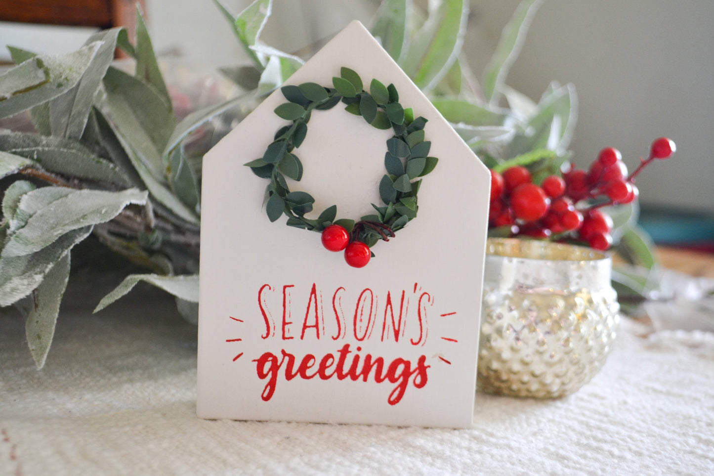 Mini Season Greetings House Shaped Sign-Mini Sign Decor-Tiered Tray Decor-Mini Holiday Decor