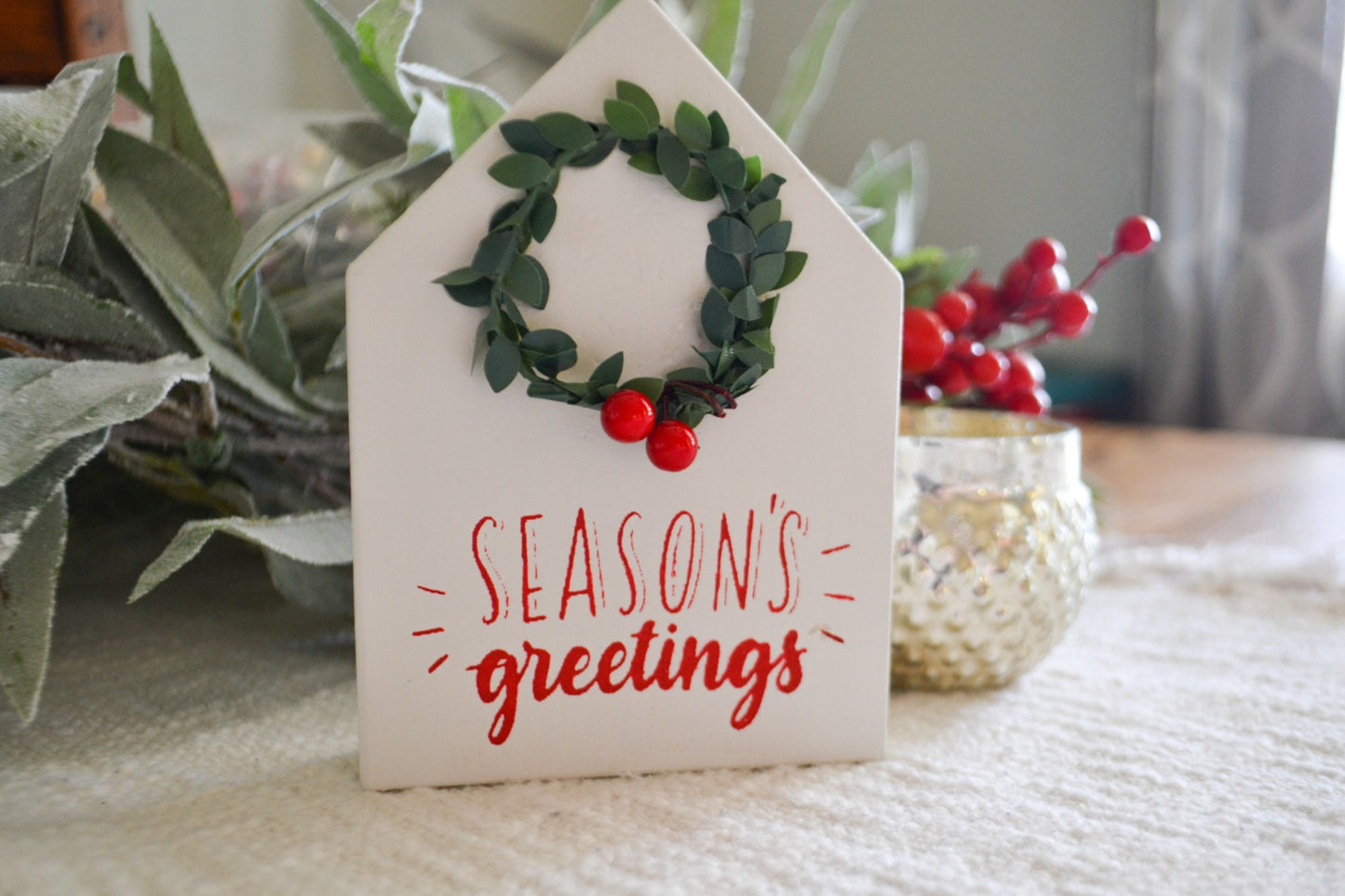 Mini Season Greetings House Shaped Sign-Mini Sign Decor-Tiered Tray Decor-Mini Holiday Decor