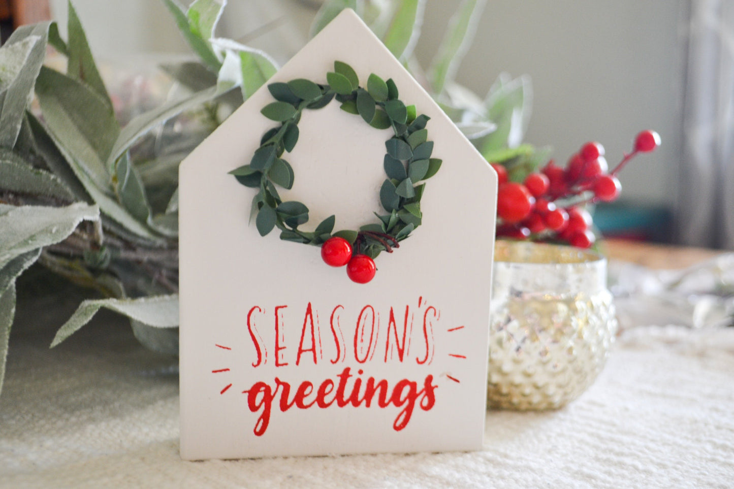 Mini Season Greetings House Shaped Sign-Mini Sign Decor-Tiered Tray Decor-Mini Holiday Decor