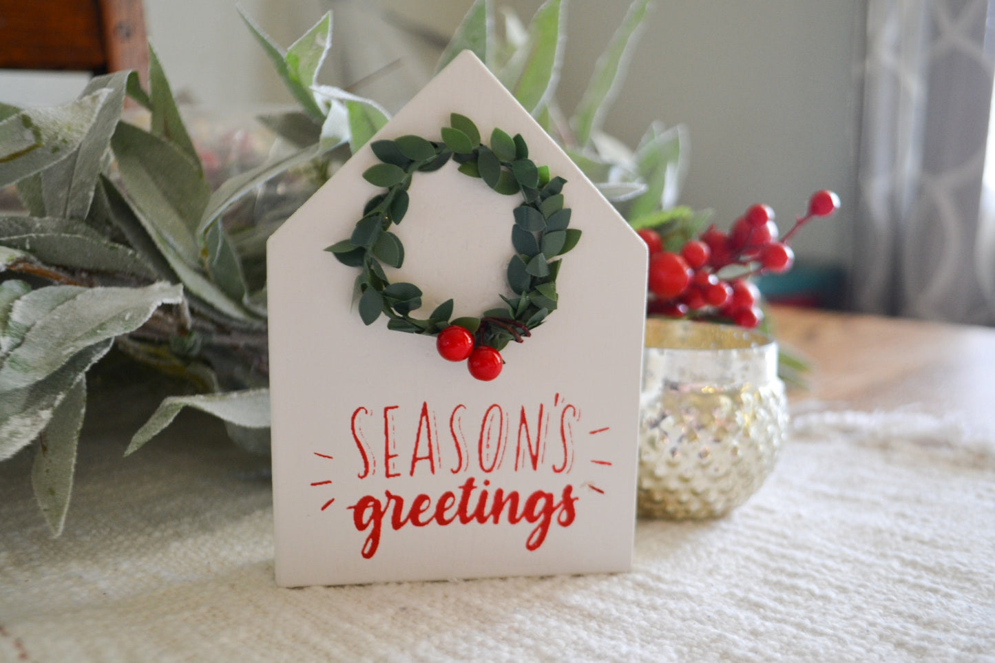 Mini Season Greetings House Shaped Sign-Mini Sign Decor-Tiered Tray Decor-Mini Holiday Decor