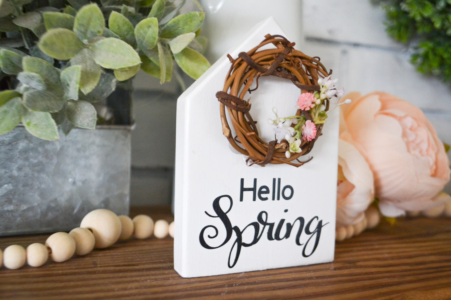 Hello Spring House Shaped Decor-Mini Sign Decor-Tiered Tray Decor-Spring Farmhouse Decor-Spring Decor