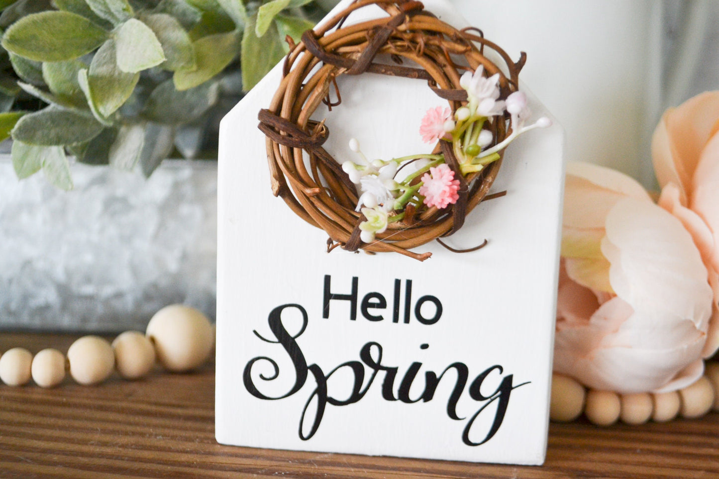 Hello Spring House Shaped Decor-Mini Sign Decor-Tiered Tray Decor-Spring Farmhouse Decor-Spring Decor