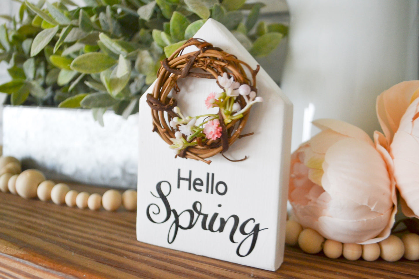 Hello Spring House Shaped Decor-Mini Sign Decor-Tiered Tray Decor-Spring Farmhouse Decor-Spring Decor