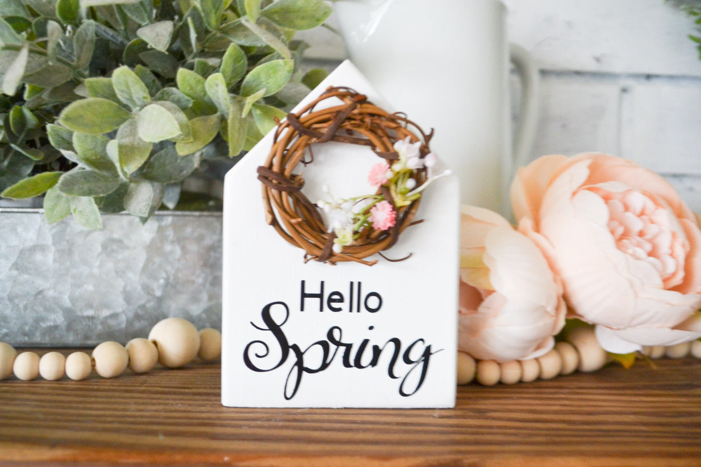 Hello Spring House Shaped Decor-Mini Sign Decor-Tiered Tray Decor-Spring Farmhouse Decor-Spring Decor