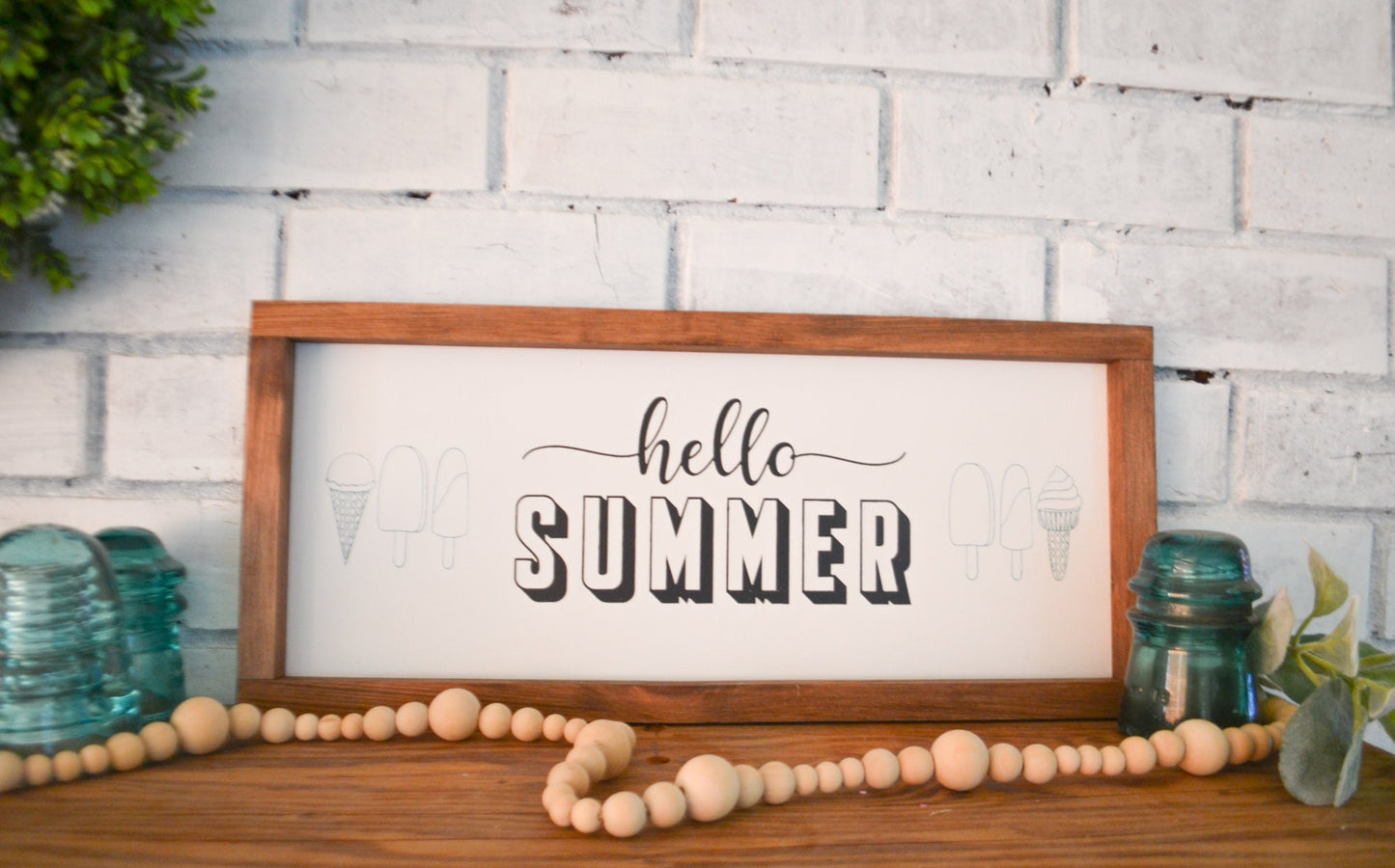 Hello Summer Sign-Framed Wood Sign-Ice Cream Sign-Summer Sign-Summer Farmhouse