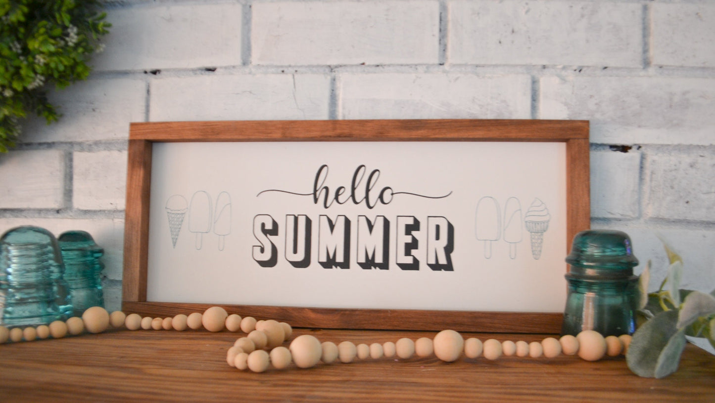 Hello Summer Sign-Framed Wood Sign-Ice Cream Sign-Summer Sign-Summer Farmhouse