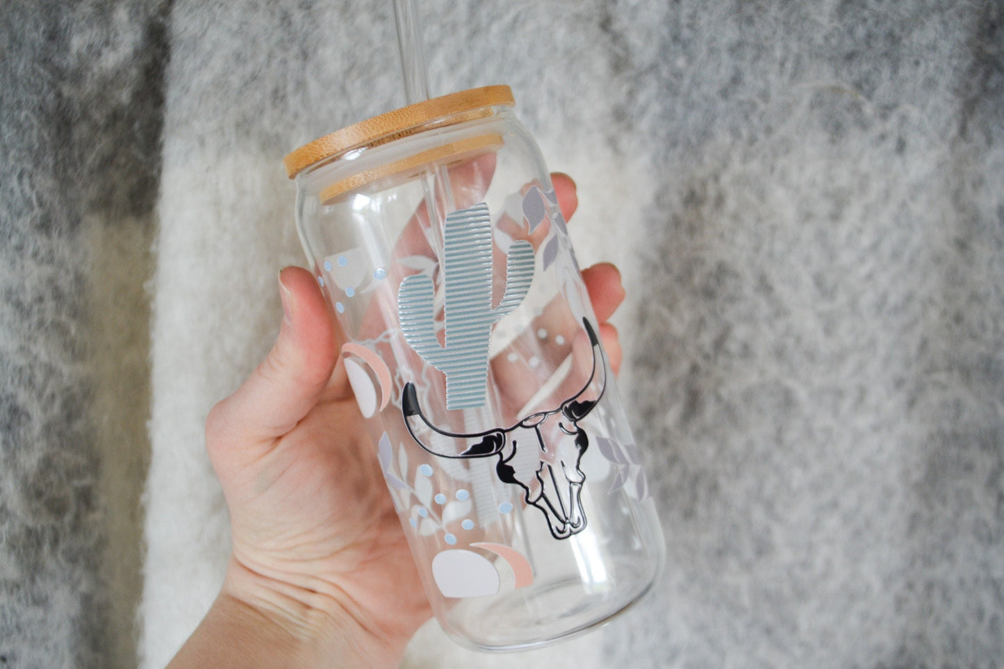 16oz Iced Coffee Glass Cup, Tumbler with Straw, Cowgirl Cup, Cactus Cup