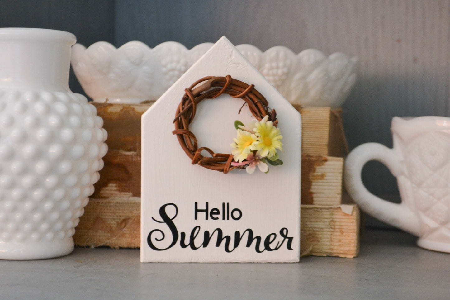 Hello Summer House Shaped Decor Mini Sign Decor Tiered Tray Decor Summer Farmhouse Decor Summer Decor for Home