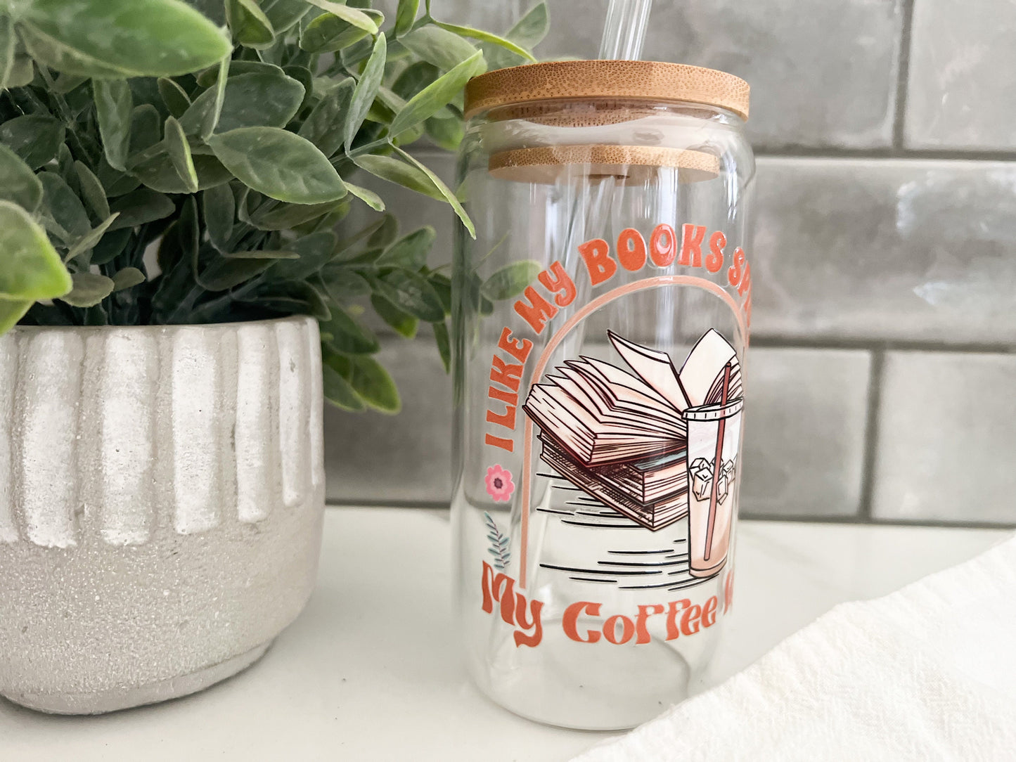 Iced Coffee Glass Cup, Libbey Glass, Tumbler with Straw, Coffee Icy Books Spicy, Book Lover, Spicy Book, Mom Gift, Girl Gift, 16 oz Glass