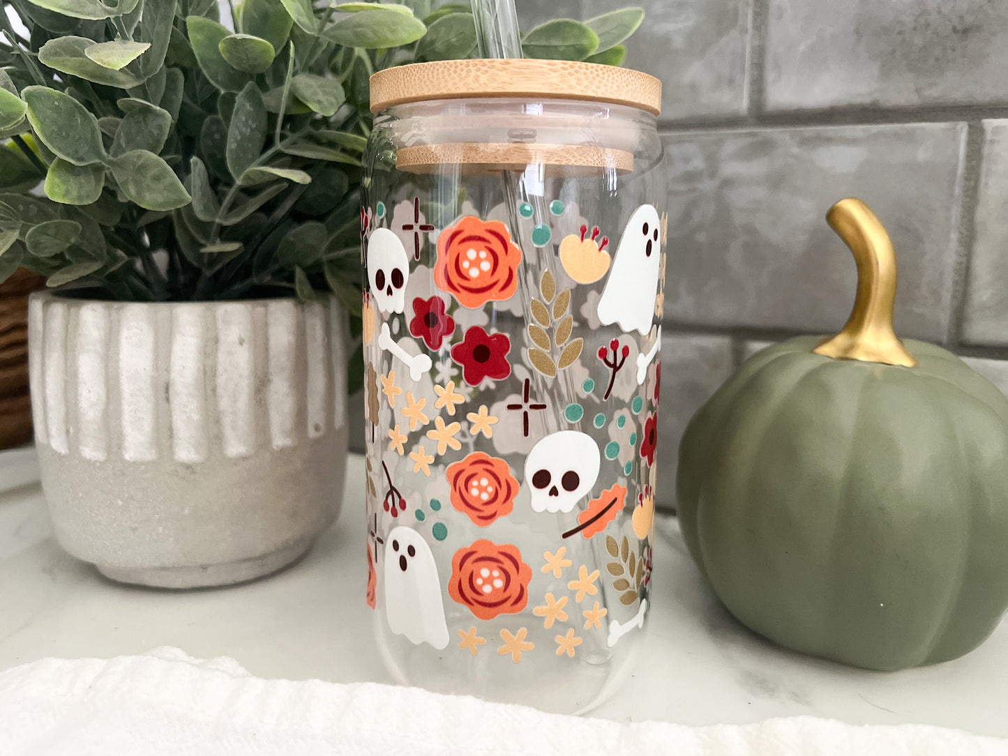 Halloween glass cup with lid, Halloween iced coffee glass cup, glass iced coffee cup, 16 oz cup, Fall glass cup with lid and straw