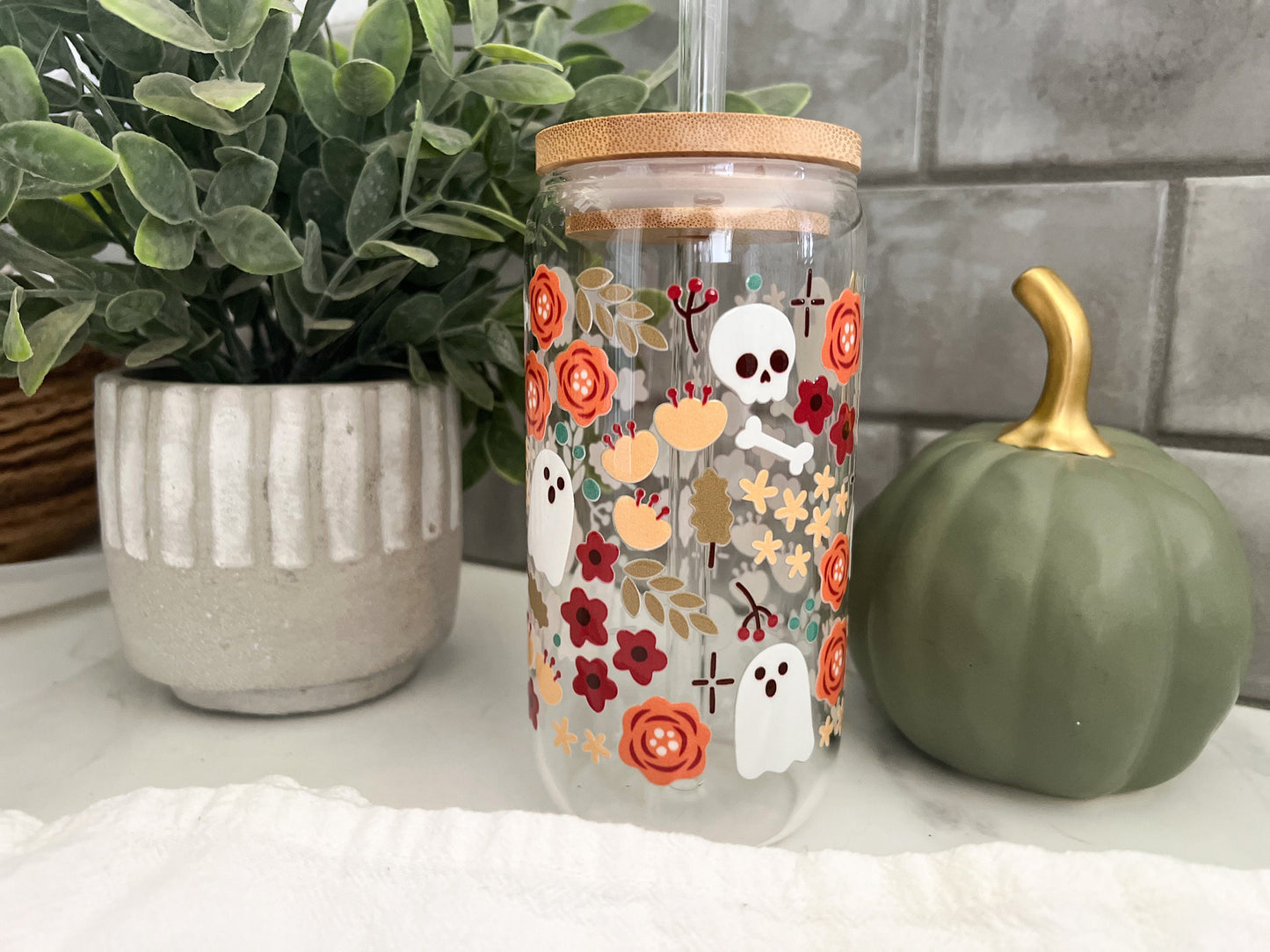 Halloween glass cup with lid, Halloween iced coffee glass cup, glass iced coffee cup, 16 oz cup, Fall glass cup with lid and straw