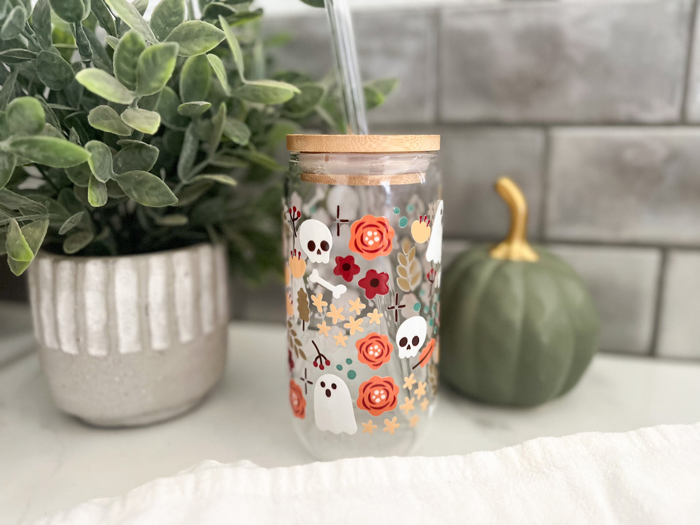 Halloween glass cup with lid, Halloween iced coffee glass cup, glass iced coffee cup, 16 oz cup, Fall glass cup with lid and straw