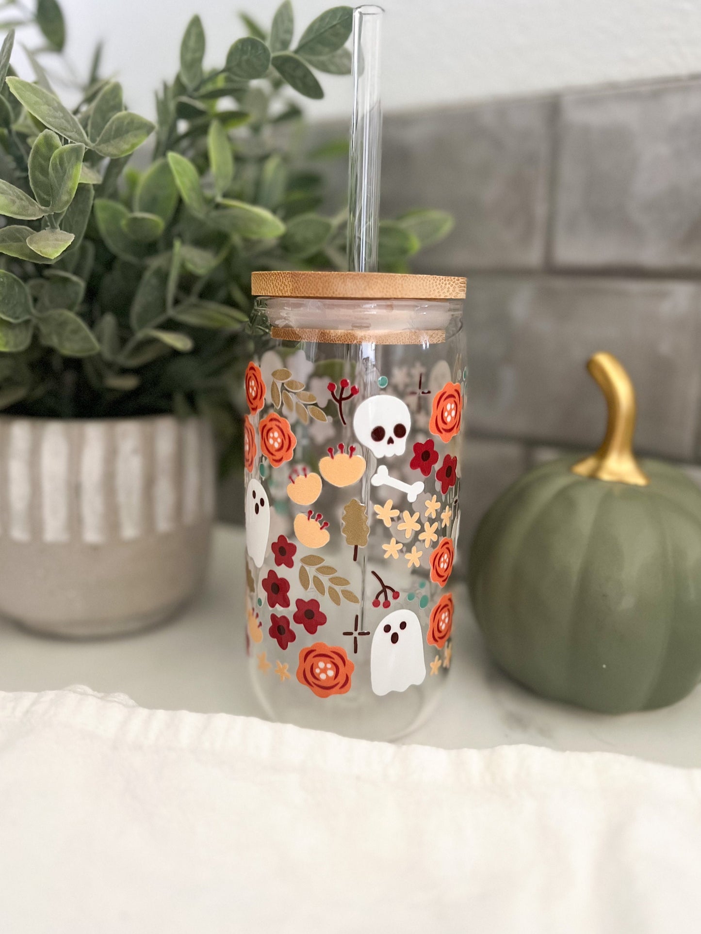 Halloween glass cup with lid, Halloween iced coffee glass cup, glass iced coffee cup, 16 oz cup, Fall glass cup with lid and straw