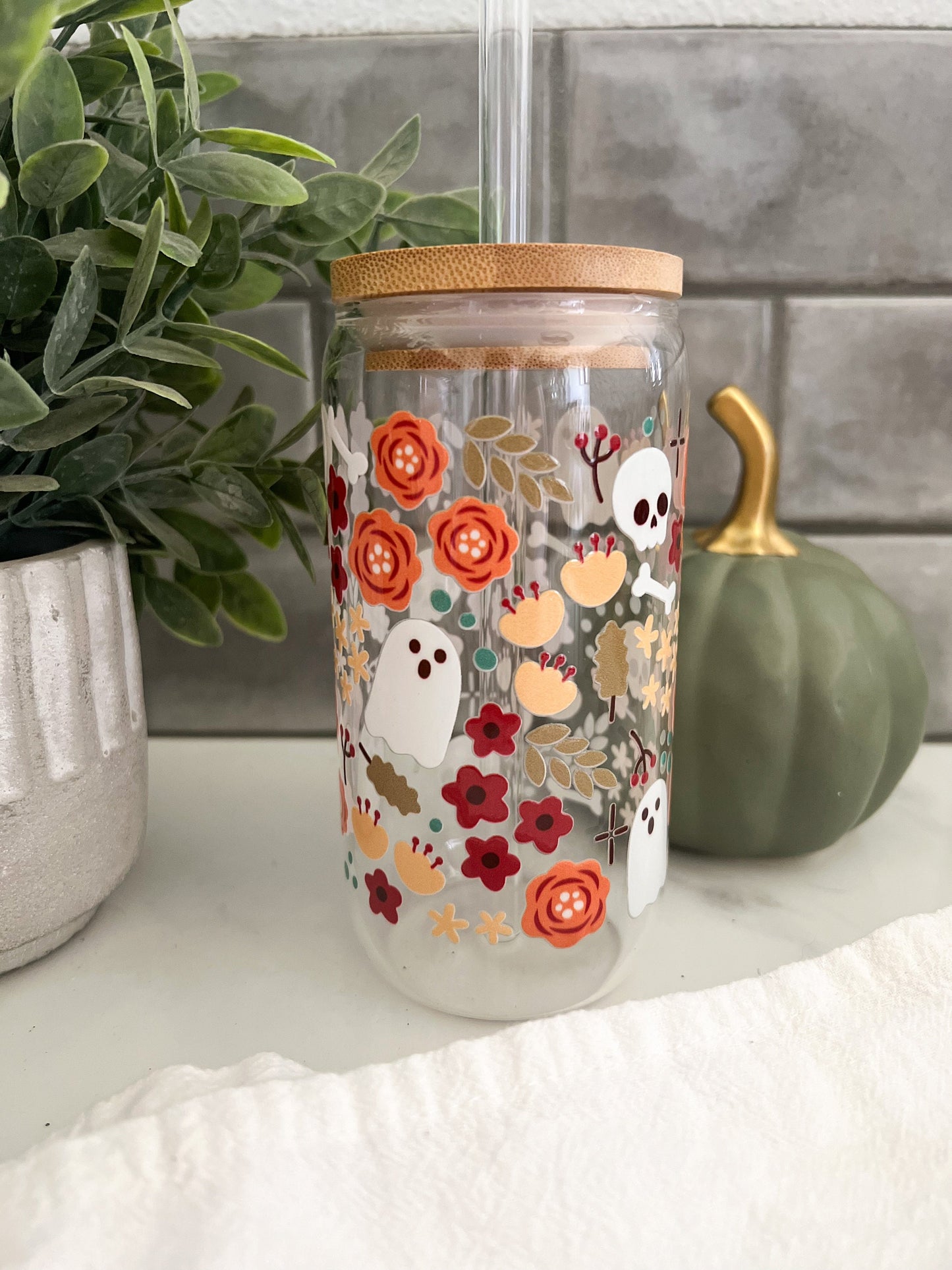 Halloween glass cup with lid, Halloween iced coffee glass cup, glass iced coffee cup, 16 oz cup, Fall glass cup with lid and straw