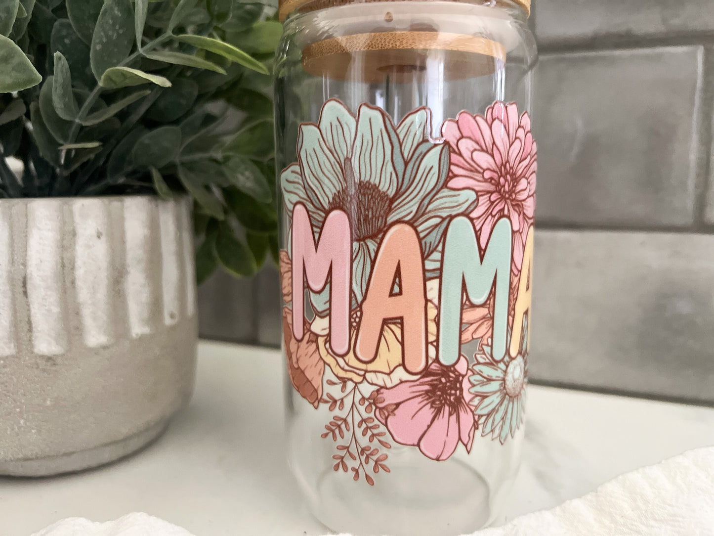 Iced Coffee Glass Cup, Libbey Glass, Tumbler with Straw, Mama cup, Retro Mama Libbey Glass, 16 oz glass cup