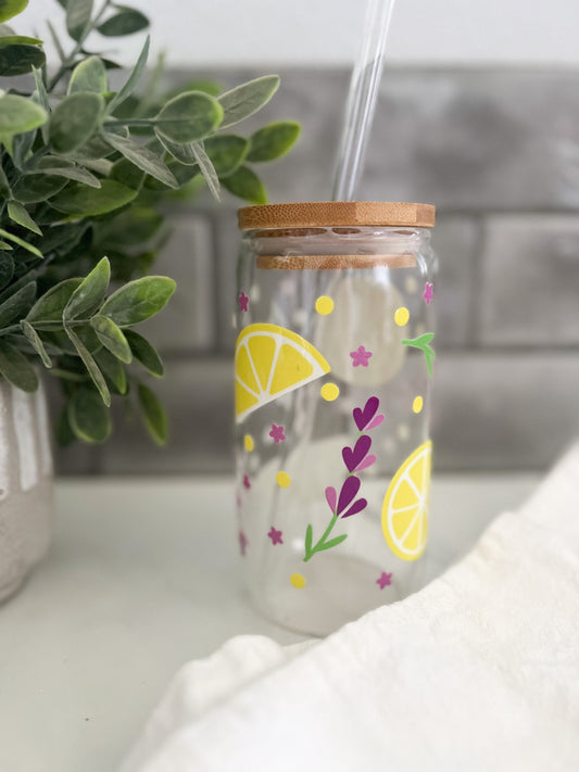 Iced Coffee Glass Cup, Glass Tumbler with Straw, Libbey Cup, Lemons and Lavender Glass Cup, Gardening Cup