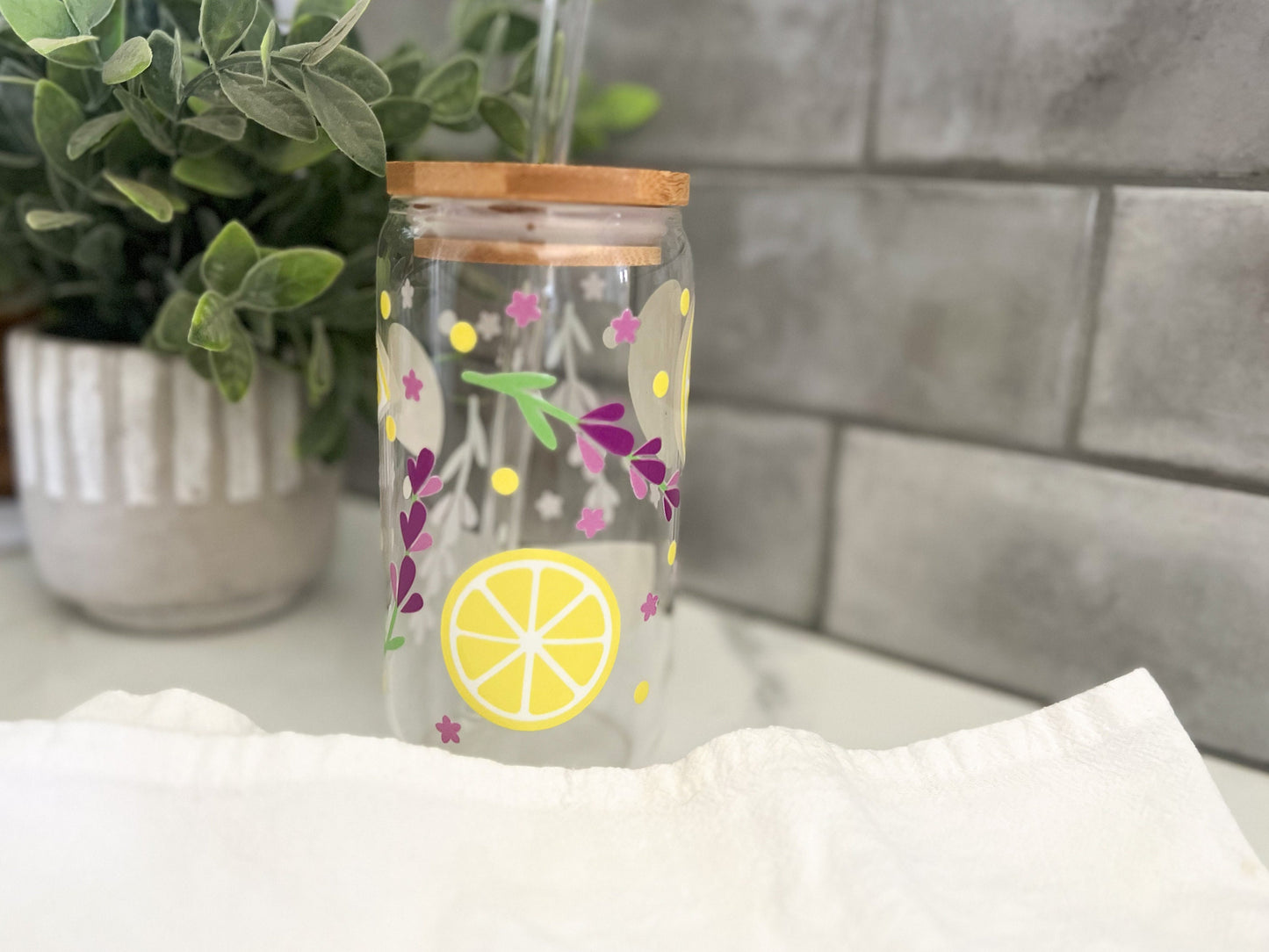 Iced Coffee Glass Cup, Glass Tumbler with Straw, Libbey Cup, Lemons and Lavender Glass Cup, Gardening Cup