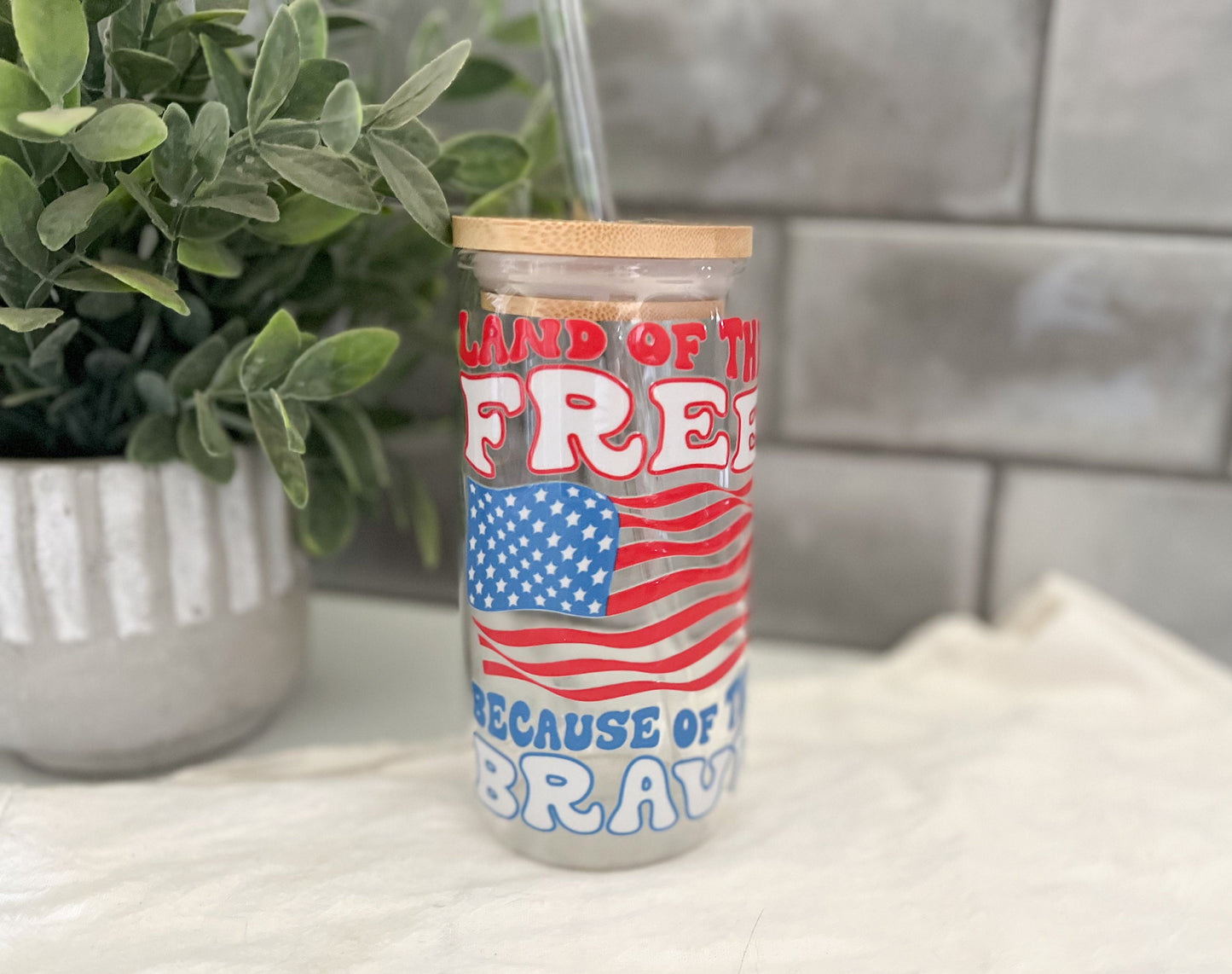 Iced Coffee Glass Cup, Tumbler with Straw, America Glass Cup, Iced Coffee Cup, Land of the Free Glass Cup, 16 oz cup, Glass Cup Gift