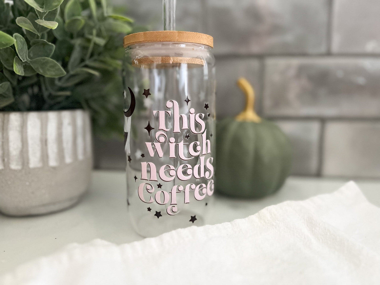 Halloween Glass, Iced Coffee Glass Cup, Glass Tumbler with Straw, This Witch Needs Coffee, Halloween Cup, 16oz Glass Can, Halloween Love