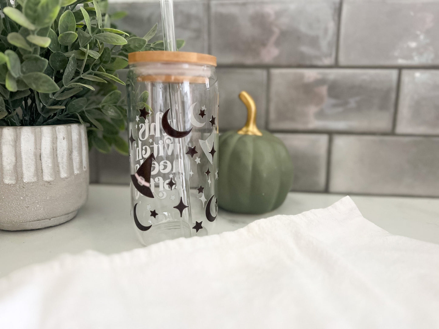 Halloween Glass, Iced Coffee Glass Cup, Glass Tumbler with Straw, This Witch Needs Coffee, Halloween Cup, 16oz Glass Can, Halloween Love