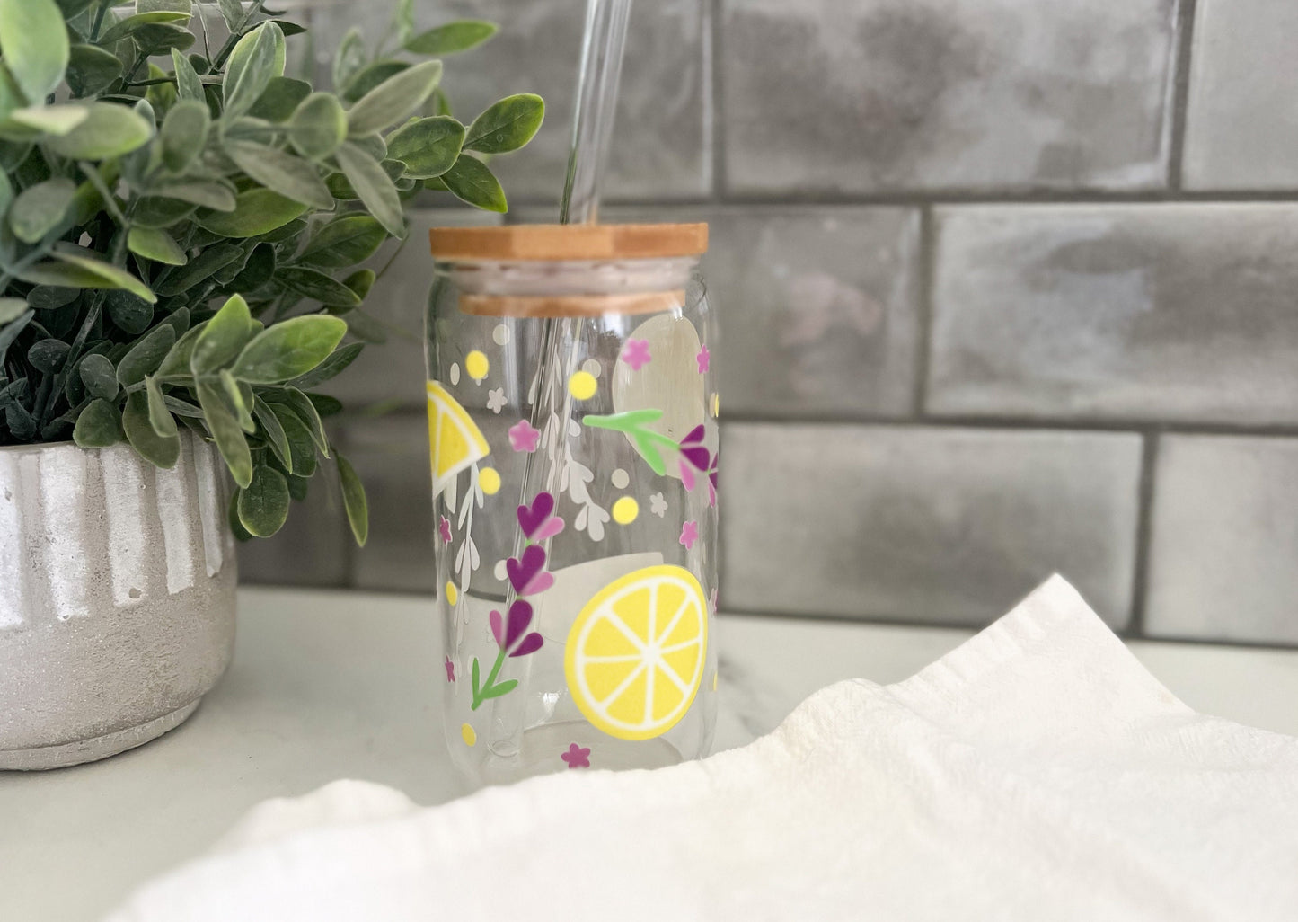 Iced Coffee Glass Cup, Glass Tumbler with Straw, Libbey Cup, Lemons and Lavender Glass Cup, Gardening Cup