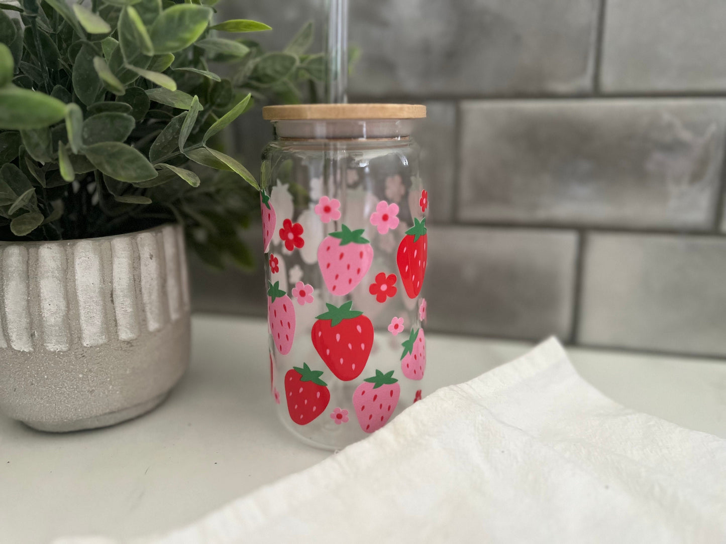 Iced Coffee Glass Cup, Glass Tumbler with Straw,  Strawberry Cup, Strawberry Love, Strawberry Farms, 16 oz glass cup, Libbey Glass