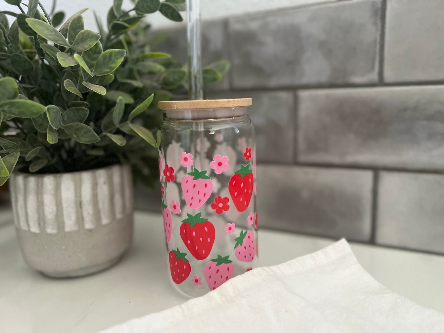 Iced Coffee Glass Cup, Glass Tumbler with Straw,  Strawberry Cup, Strawberry Love, Strawberry Farms, 16 oz glass cup, Libbey Glass