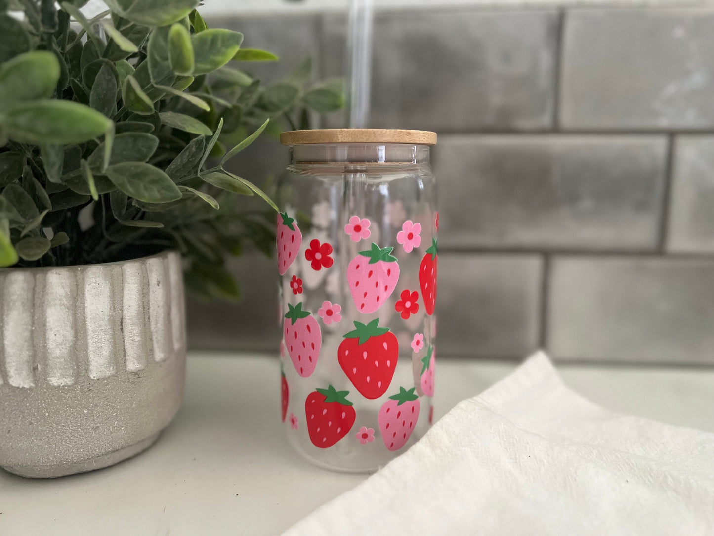 Iced Coffee Glass Cup, Glass Tumbler with Straw,  Strawberry Cup, Strawberry Love, Strawberry Farms, 16 oz glass cup, Libbey Glass