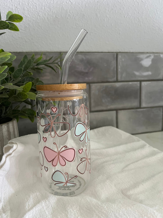 Iced Coffee Glass Cup, Tumbler with Straw, Butterfly Glass Cup, Iced Coffee Cup, Butterfly Garden Cup, 16 oz cup, Glass Cup Gift