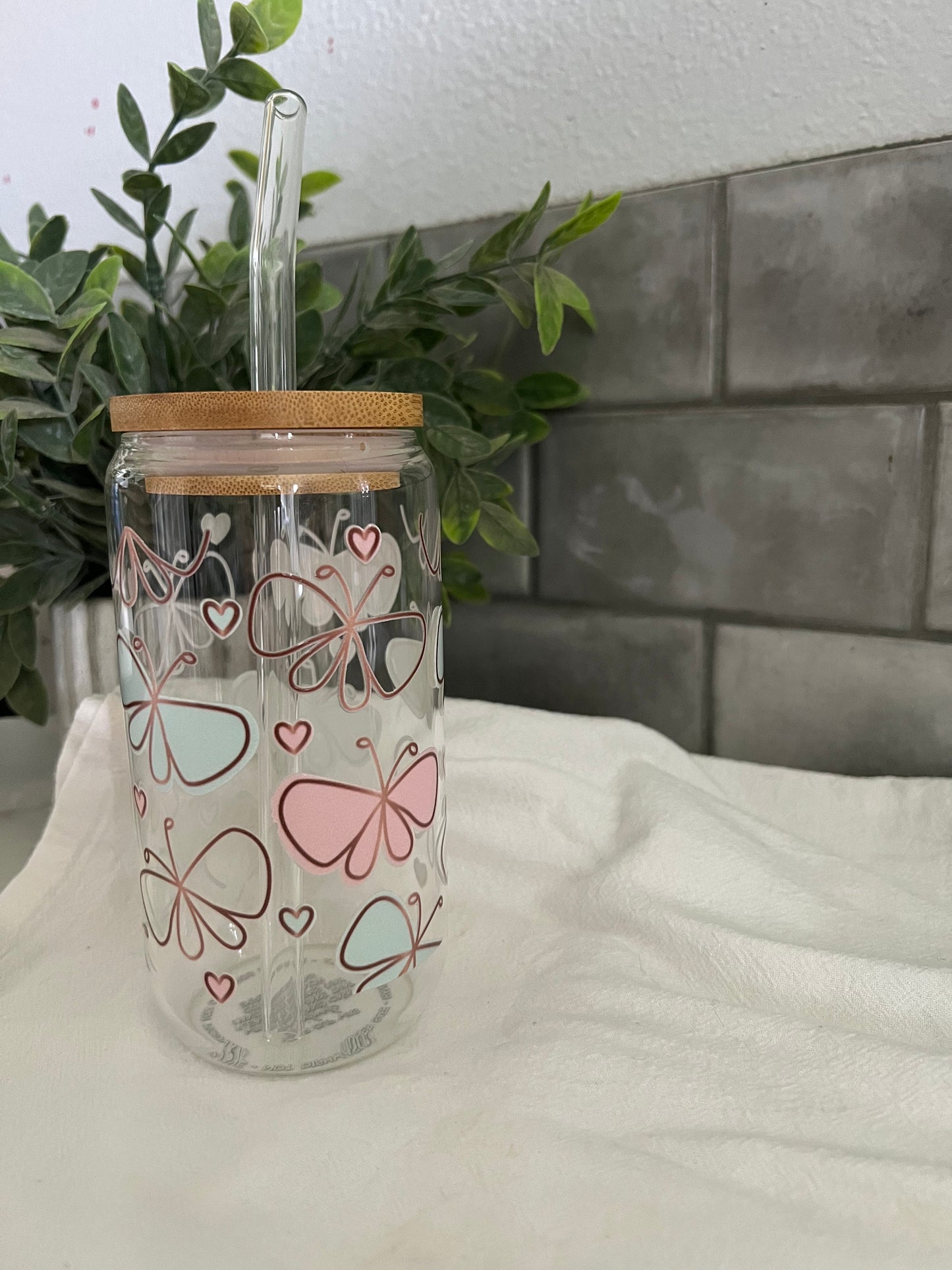 Iced Coffee Glass Cup, Tumbler with Straw, Butterfly Glass Cup, Iced Coffee Cup, Butterfly Garden Cup, 16 oz cup, Glass Cup Gift