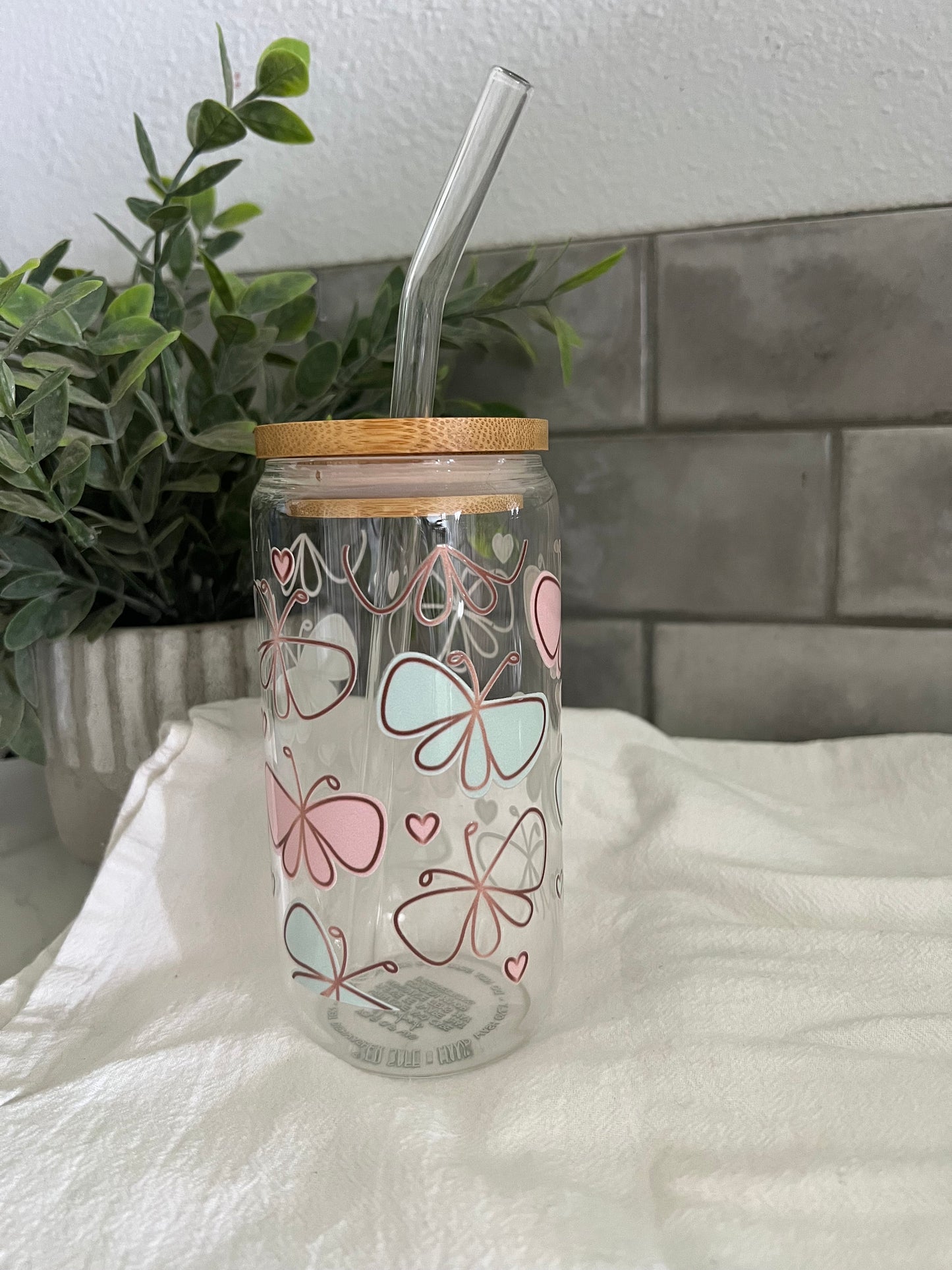 Iced Coffee Glass Cup, Tumbler with Straw, Butterfly Glass Cup, Iced Coffee Cup, Butterfly Garden Cup, 16 oz cup, Glass Cup Gift