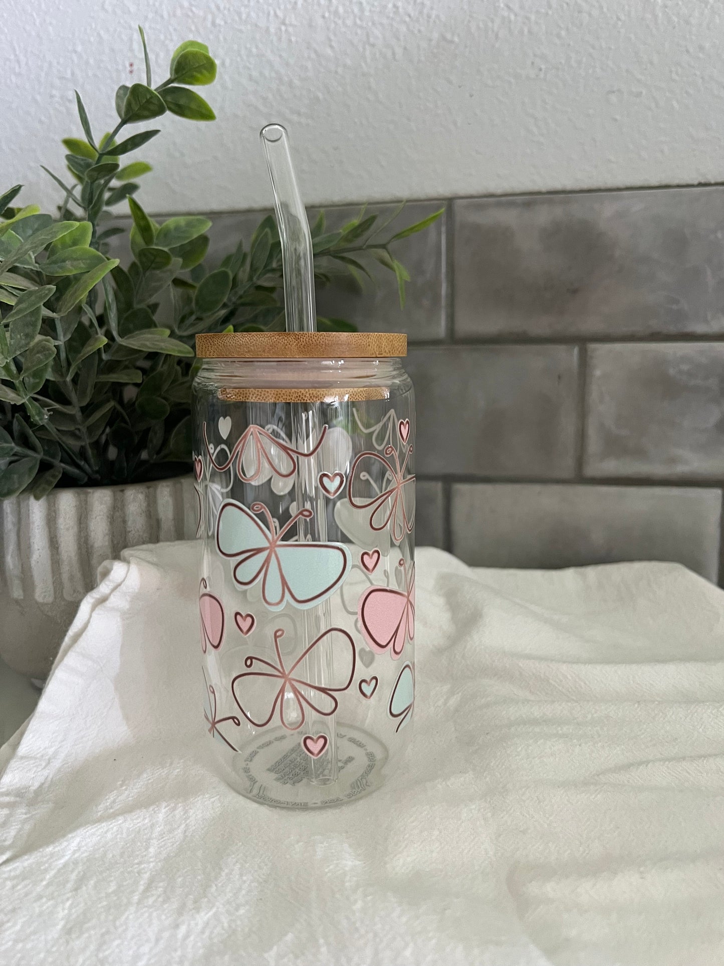 Iced Coffee Glass Cup, Tumbler with Straw, Butterfly Glass Cup, Iced Coffee Cup, Butterfly Garden Cup, 16 oz cup, Glass Cup Gift