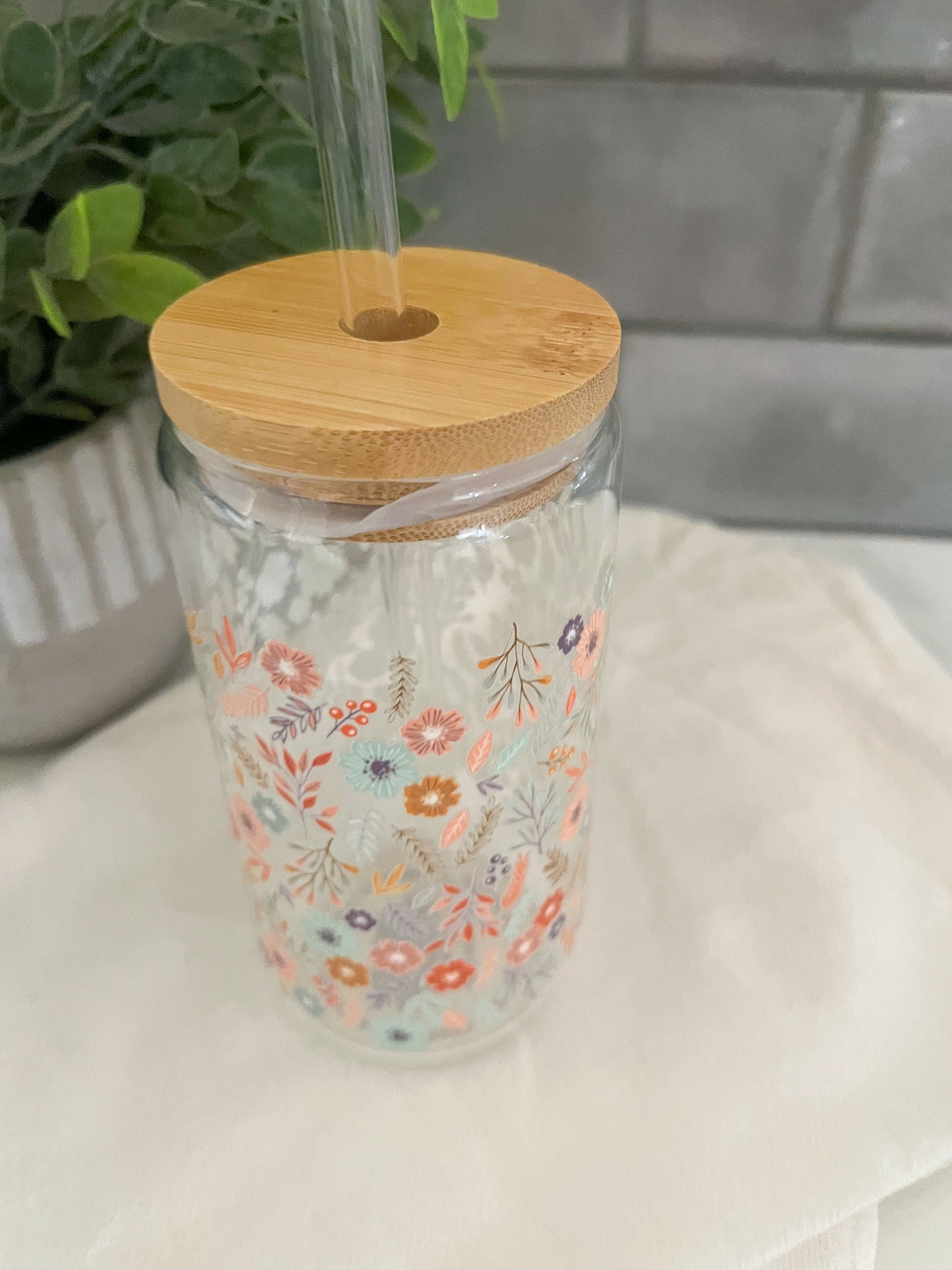 16oz Iced Coffee Glass Cup, Tumbler with Straw, Wildflowers, Wildflower Love, Floral Cup