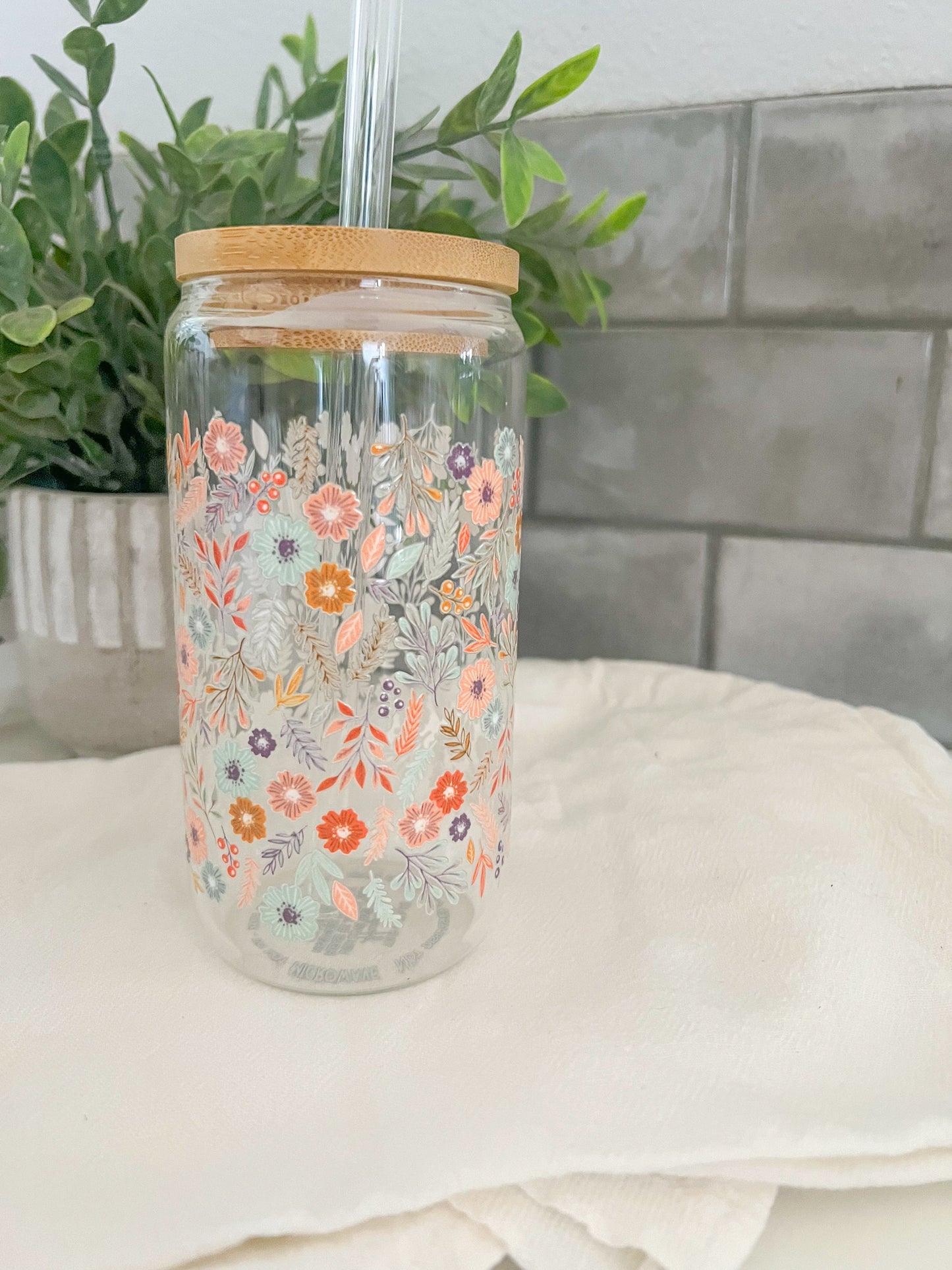 16oz Iced Coffee Glass Cup, Tumbler with Straw, Wildflowers, Wildflower Love, Floral Cup