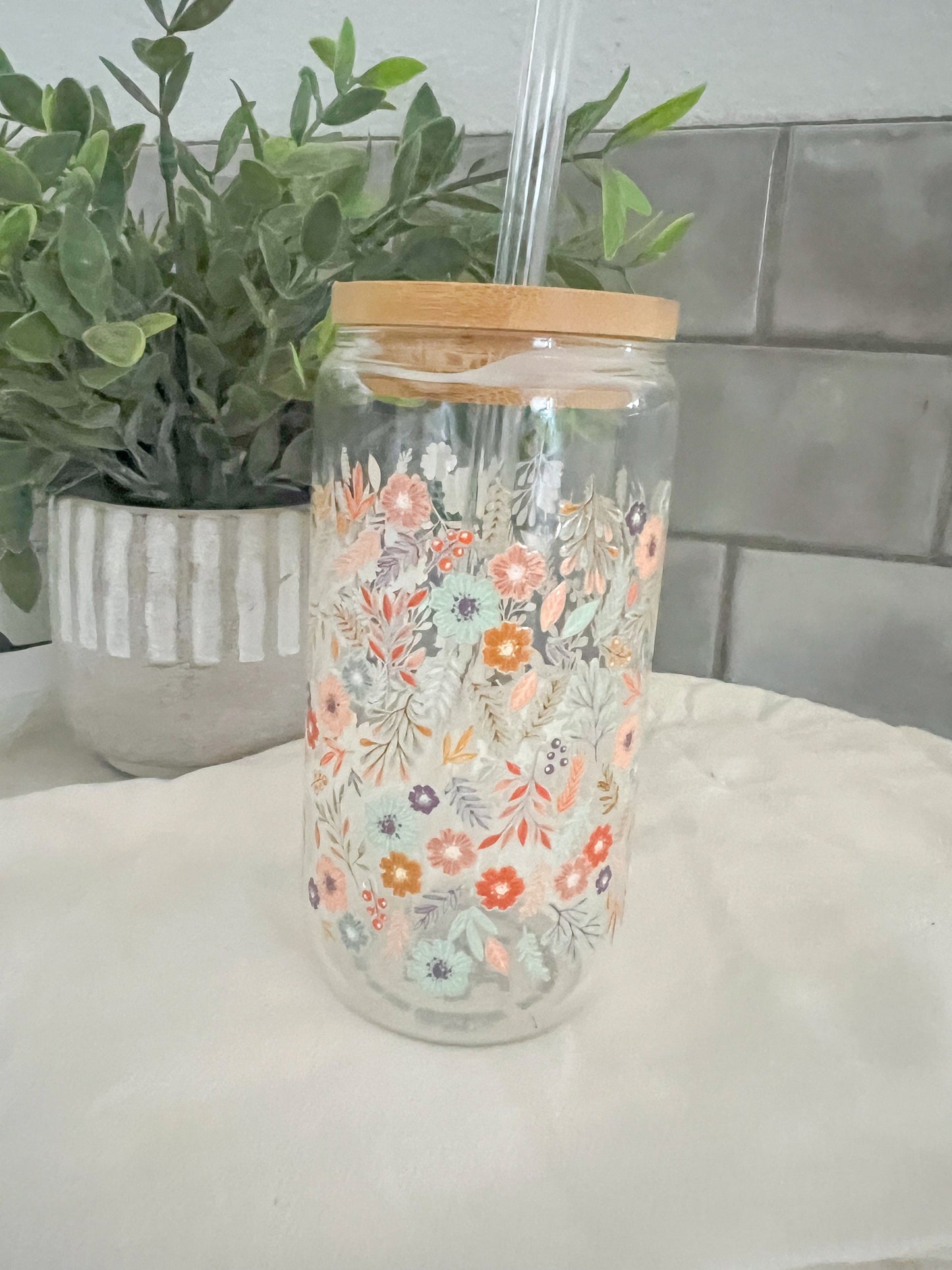 16oz Iced Coffee Glass Cup, Tumbler with Straw, Wildflowers, Wildflower Love, Floral Cup