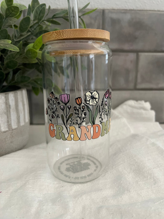 Mother’s Day Gift, Iced Coffee Glass Cup, Libbey Glass, Tumbler with Straw, Grandma cup, Grandma Gift, 16 oz glass cup