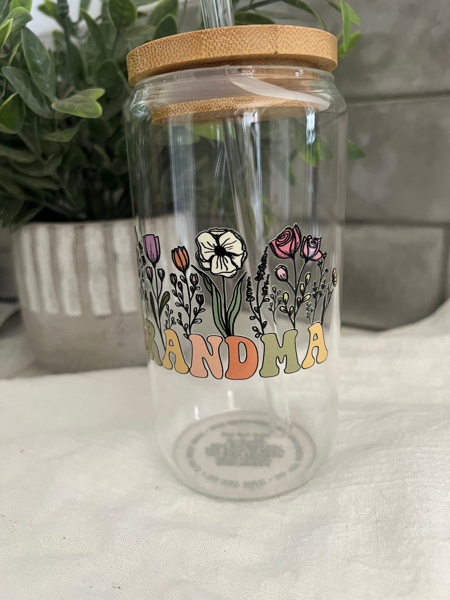 Mother’s Day Gift, Iced Coffee Glass Cup, Libbey Glass, Tumbler with Straw, Grandma cup, Grandma Gift, 16 oz glass cup