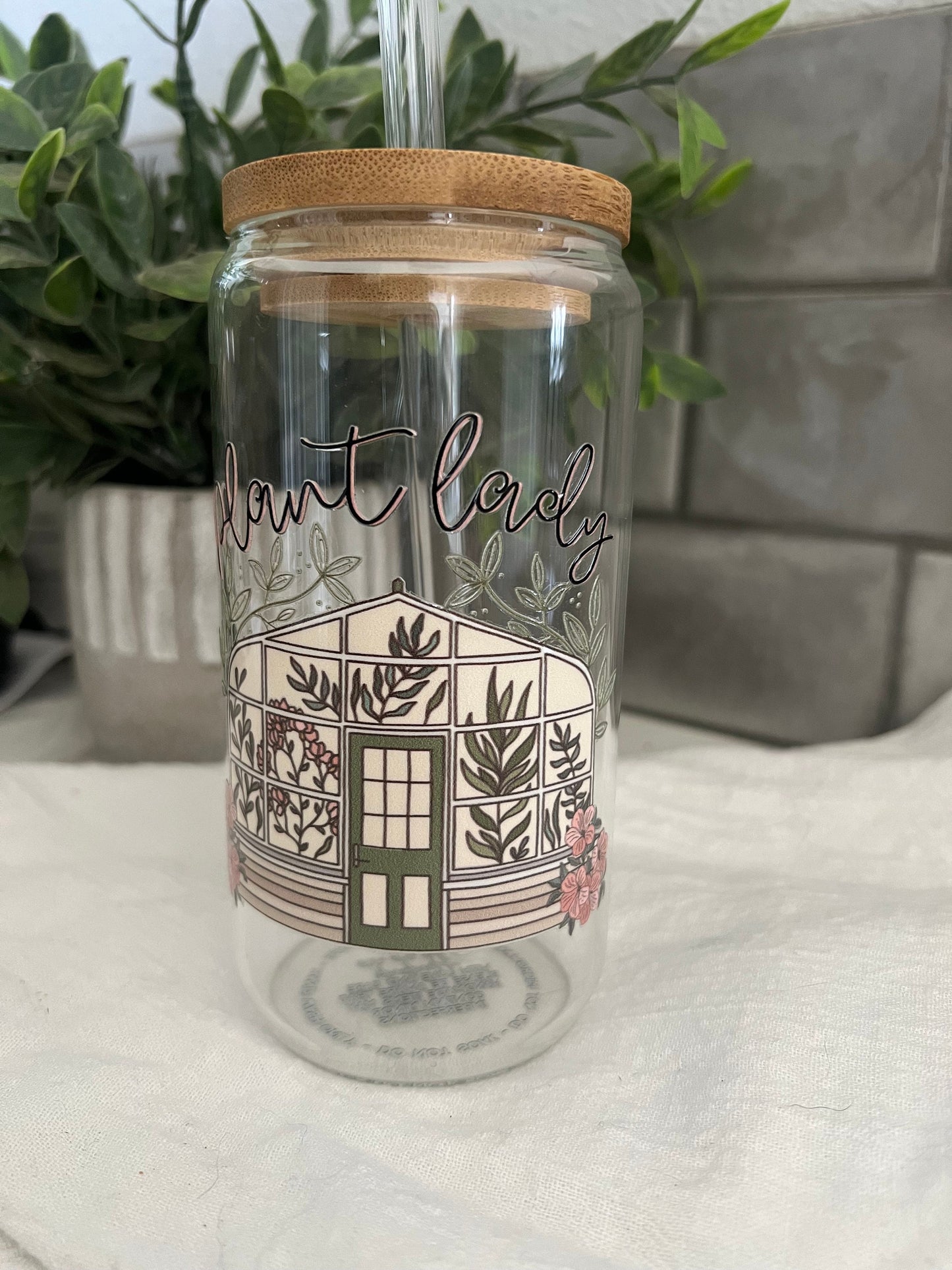 Plant Lady Love, Iced Coffee Glass Cup, Tumbler with Straw, Iced Coffee Cup, 16 oz cup, Plant Lady Cup, Plant Mama Greenhouse