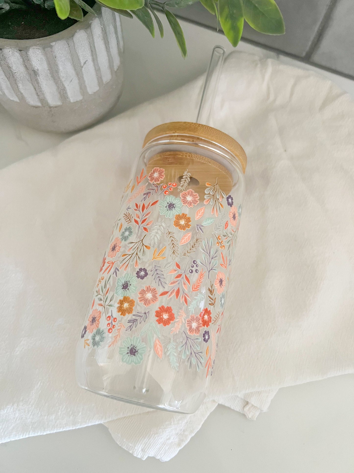 16oz Iced Coffee Glass Cup, Tumbler with Straw, Wildflowers, Wildflower Love, Floral Cup