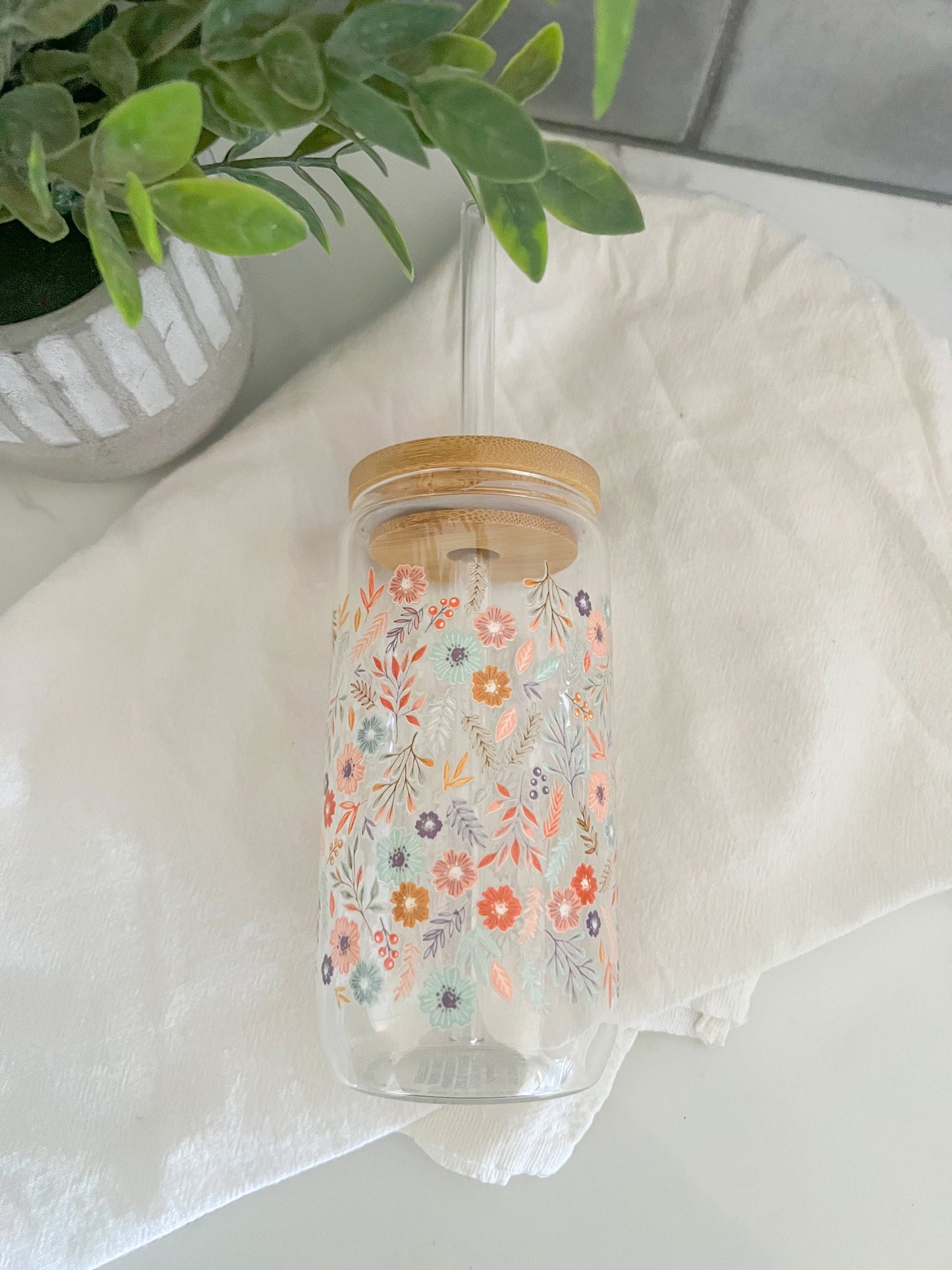 16oz Iced Coffee Glass Cup, Tumbler with Straw, Wildflowers, Wildflower Love, Floral Cup