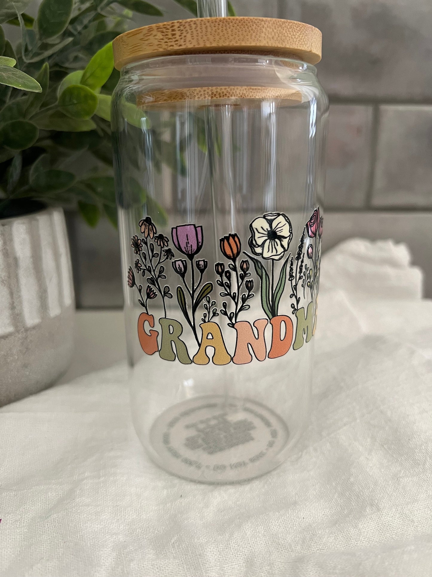 Mother’s Day Gift, Iced Coffee Glass Cup, Libbey Glass, Tumbler with Straw, Grandma cup, Grandma Gift, 16 oz glass cup