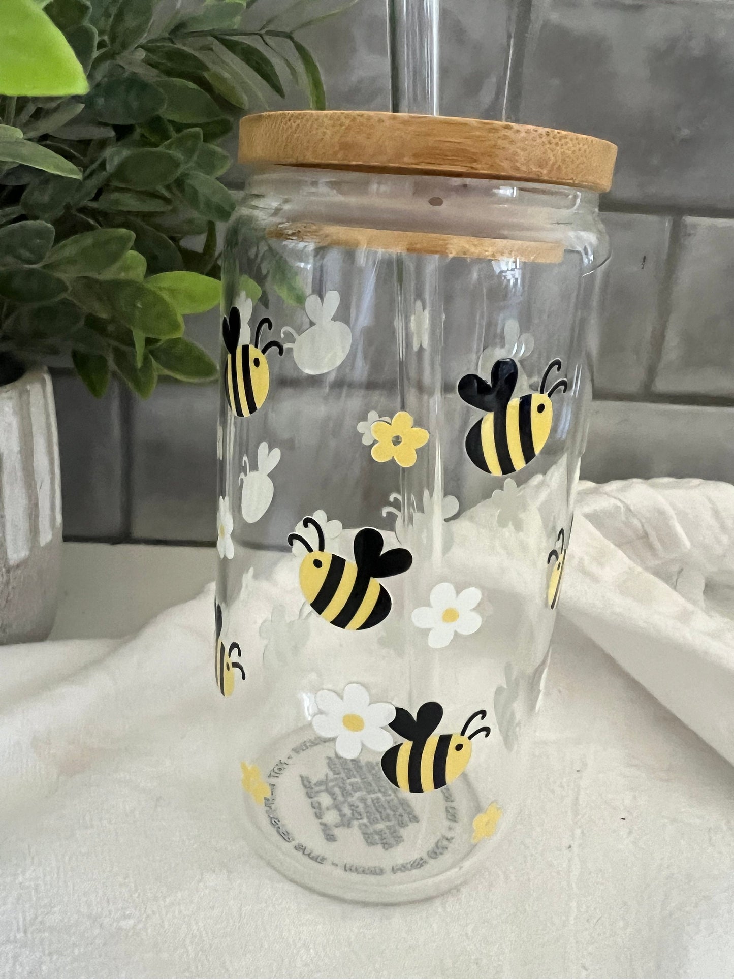 Honey Bee, Iced Coffee Glass Cup, Glass Tumbler with Straw, Libbey Cup, Bee Glass Cup, Bee Love