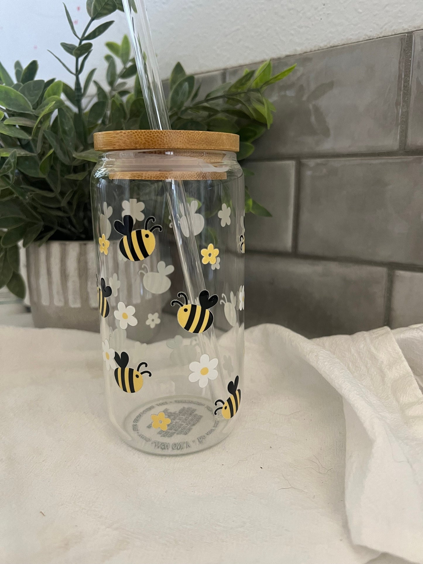 Honey Bee, Iced Coffee Glass Cup, Glass Tumbler with Straw, Libbey Cup, Bee Glass Cup, Bee Love